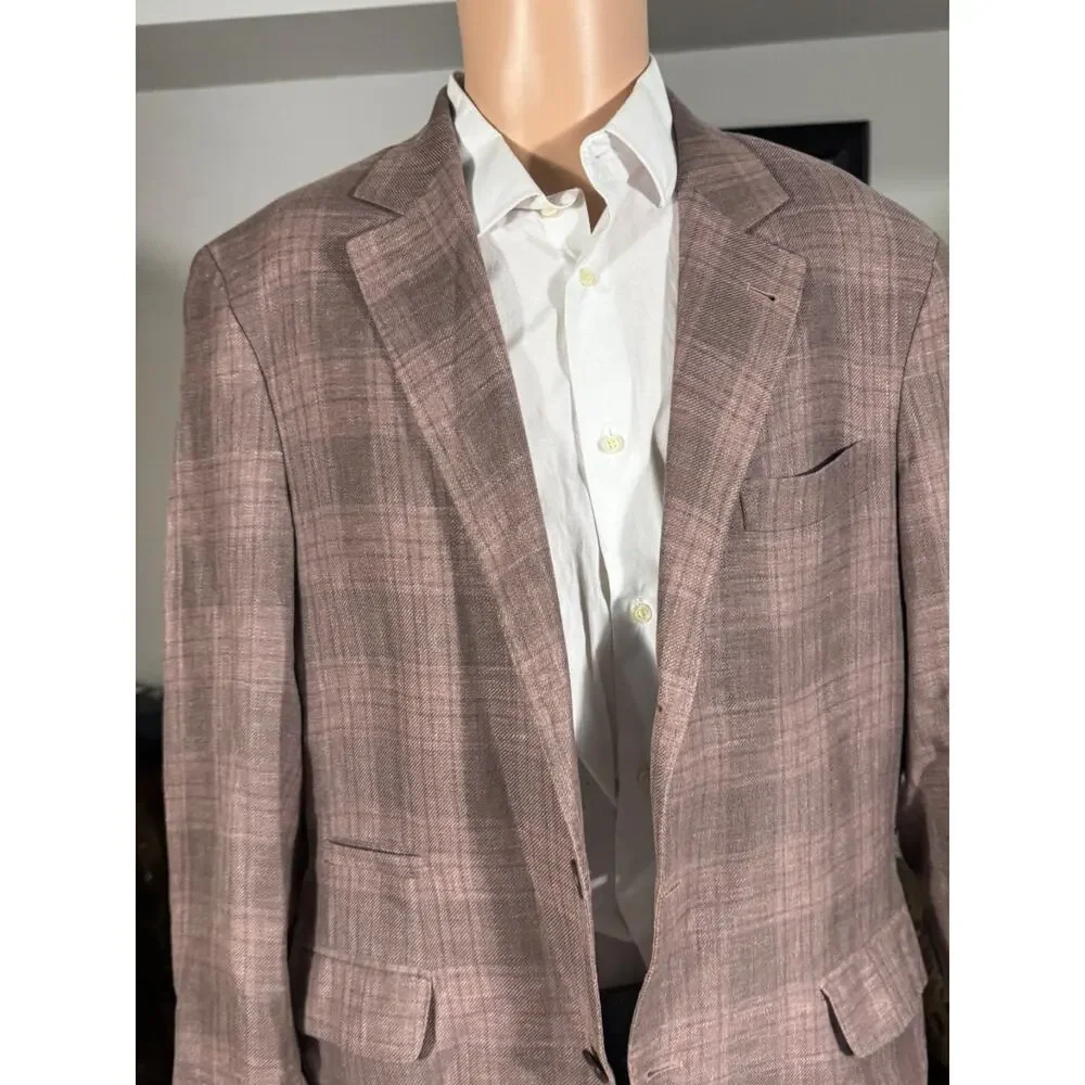 Brunello Cucinelli Peach Taupe Plaid Blazer Sport Jacket 52 IT 42R US Linen Silk